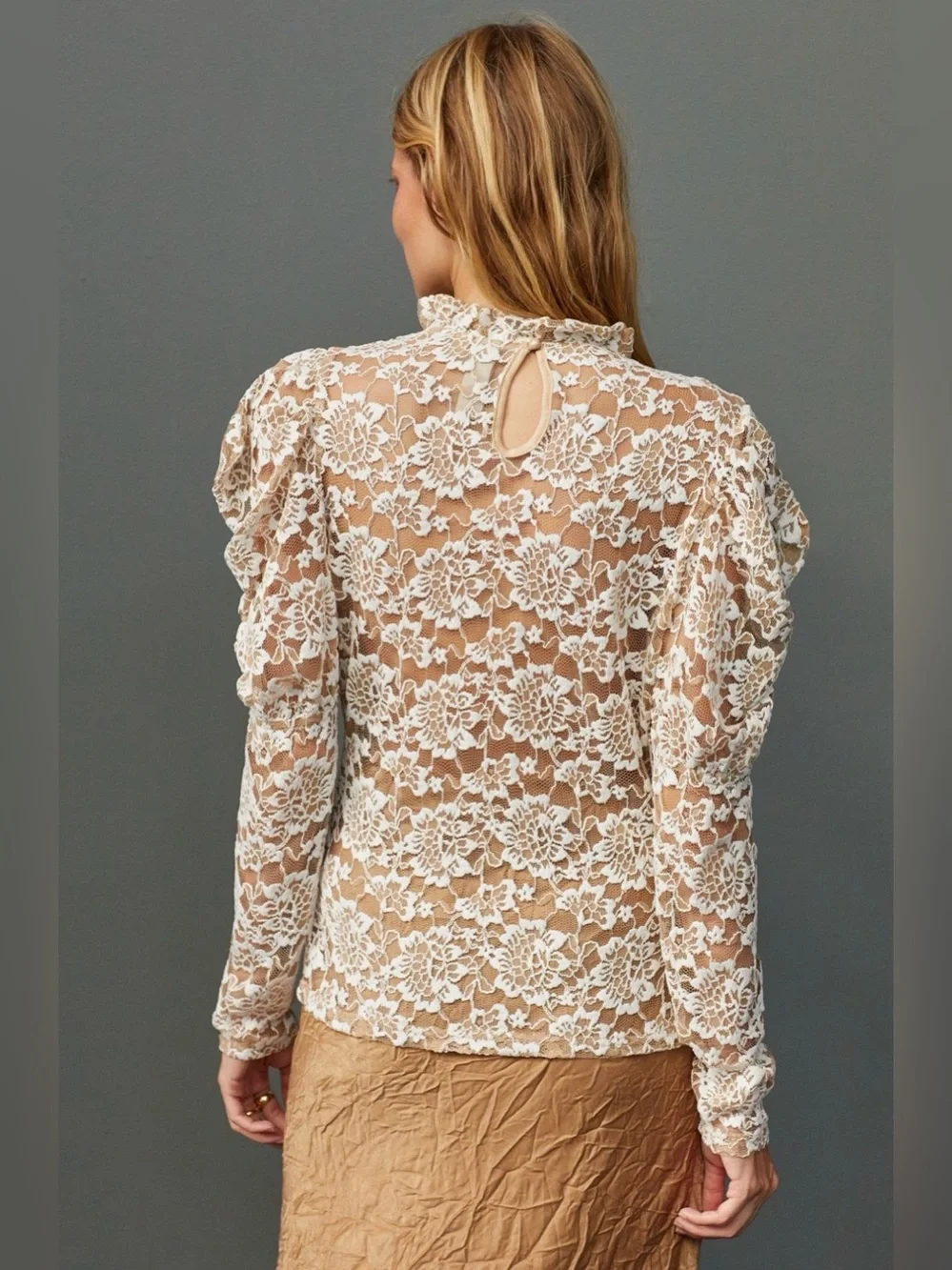 Anthropologie Dolan Sheer Lace Mock Neck Top in Neutral (Price Firm)